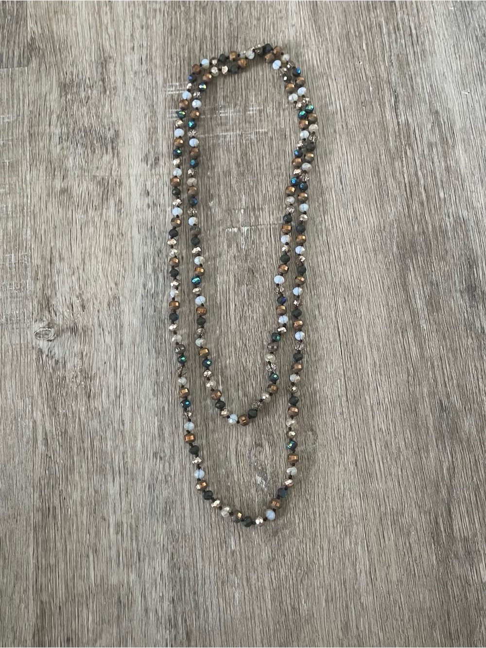 Beaded Necklace – Mixed Crystal & Glass Beads – Bronze, Black, Silver & Blue